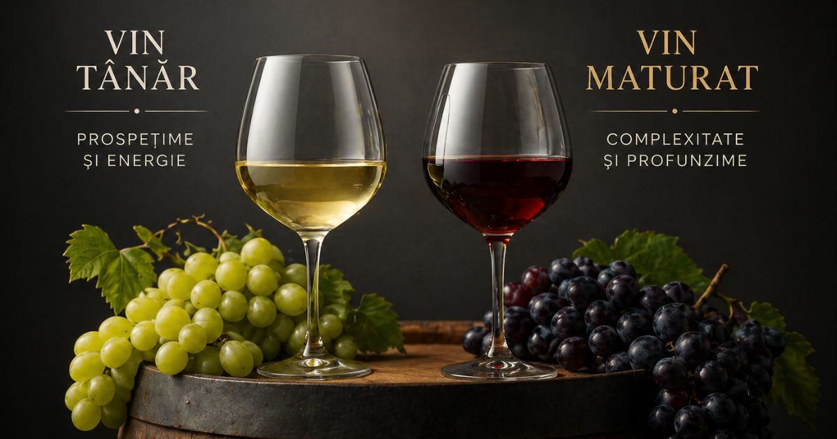 pahar de vin alb si pahar de vin rosu langa struguri pe butoi de stejar